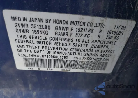 2009 Honda Fit Sport from USA, damaged, VIN JHMGE87499S031092